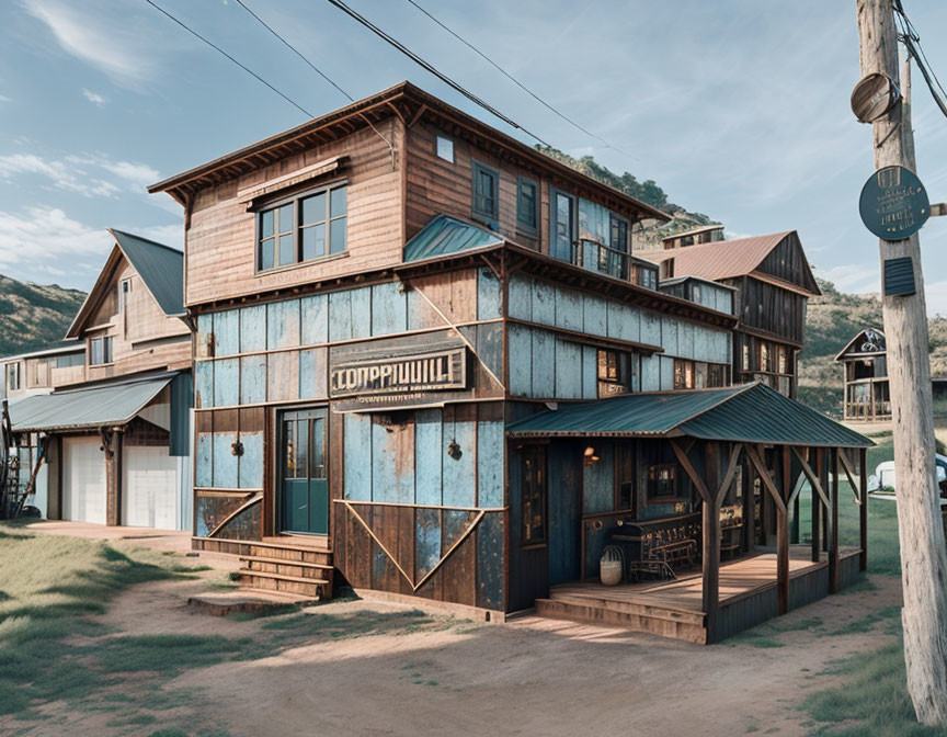 Weathered blue paneling on rustic two-story building with porch and balcony, set against hills