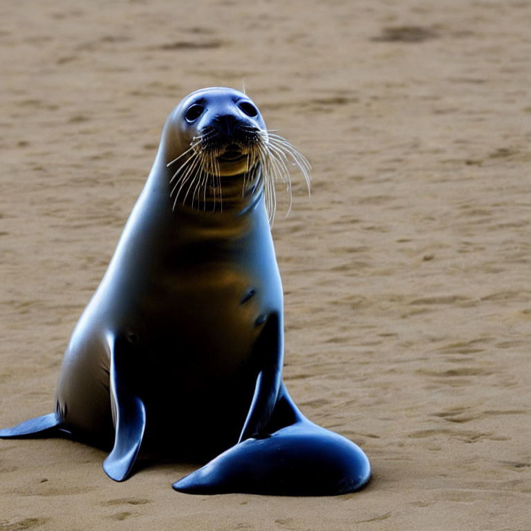 Shiny-furred seal on sandy beach gazes upward