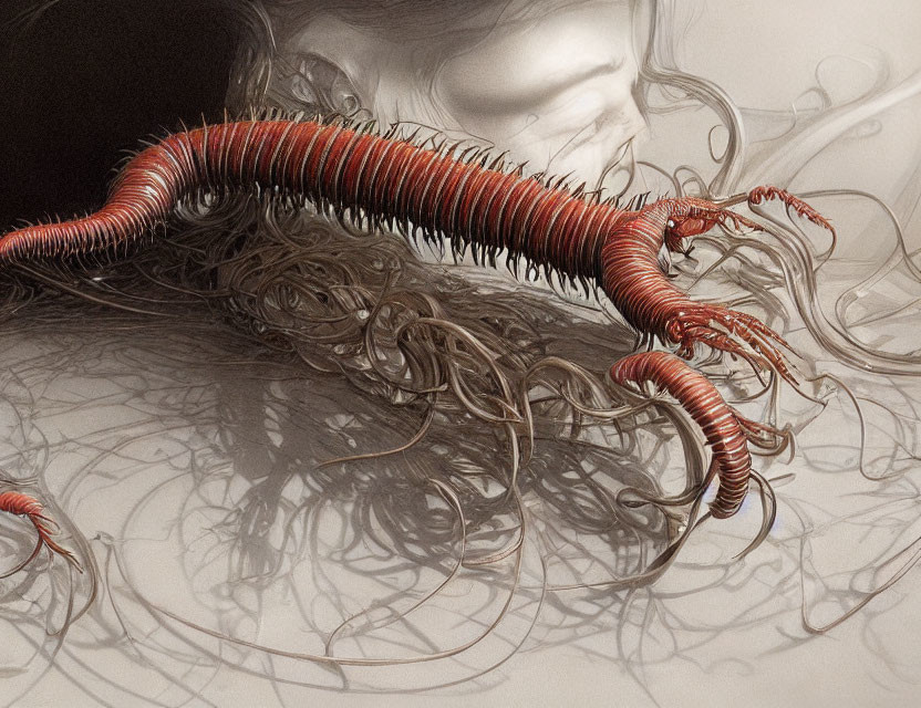 Detailed surreal illustration: giant centipede near person's face in tangled threads