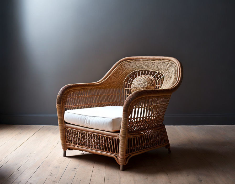 An armchair made out of wicker and rattan