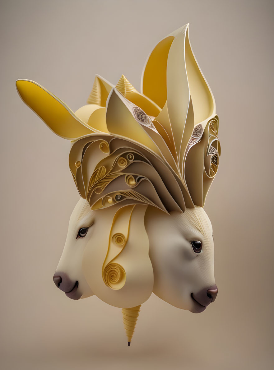 Surreal image: Conjoined lamb heads with golden leaf-like structures