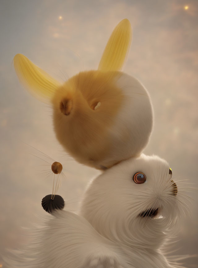 Illustration of fluffy white creature with orange rabbit companion.