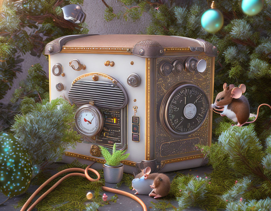 Whimsical cartoon mice with vintage radio in festive setting