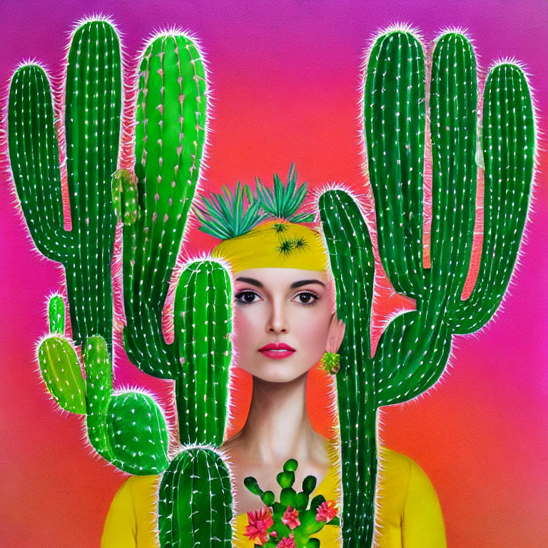 Colorful Woman with Yellow Headpiece and Cactus on Pink Background