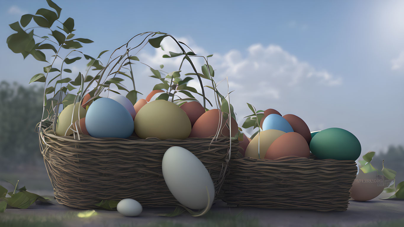 Colorful Easter eggs in wicker baskets on wooden surface with sprouting plants, nature background.
