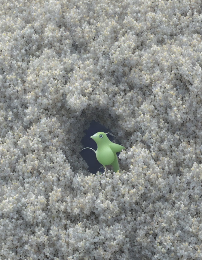 Green Bird-Like Creature in Hole on Fluffy White Background