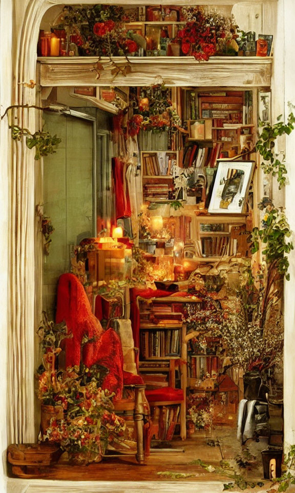 Cozy Nook with Bookshelves, Candles, Plants, and Red Throw
