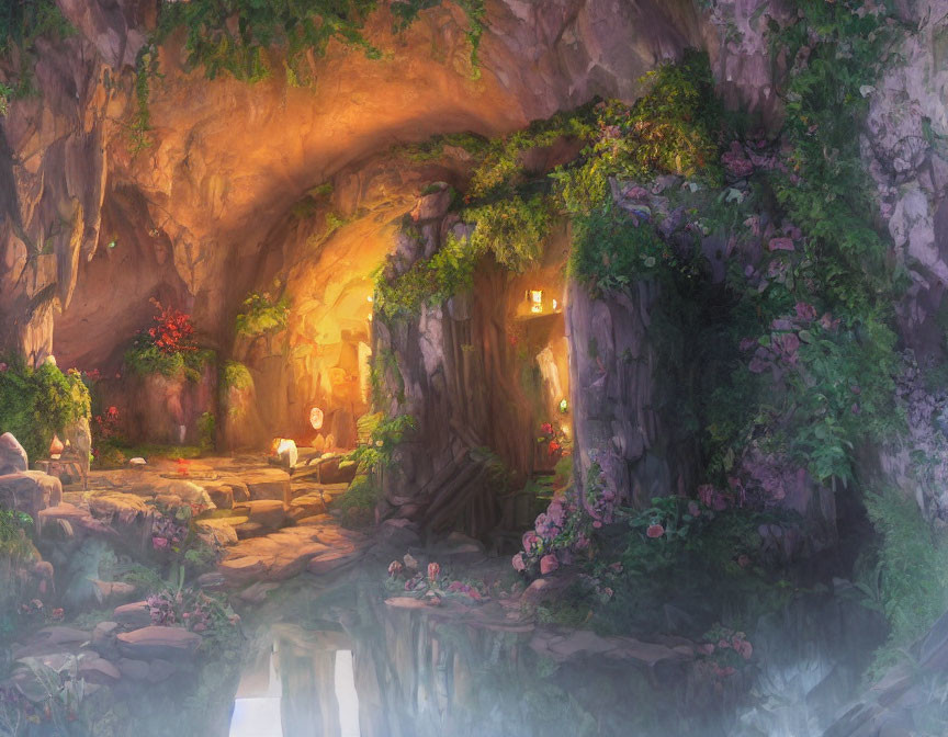 Lush Cave with Soft Light, Greenery, Flowers, Pond & Stones