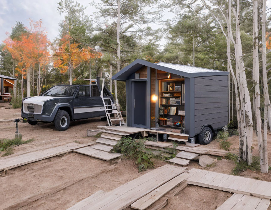 Compact Tiny House on Wheels with Electric SUV in Autumn Forest Clearing