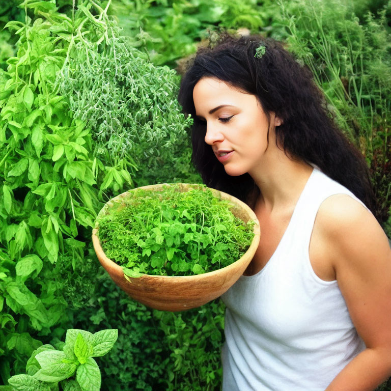 Woman in white tank top with fresh herbs in wooden bowl among lush green plants