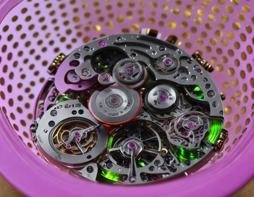 Detailed Purple Plastic Basket with Intricate Watch Movement