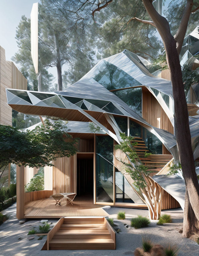Angular Mirrored Facade Among Trees with Wooden Elements