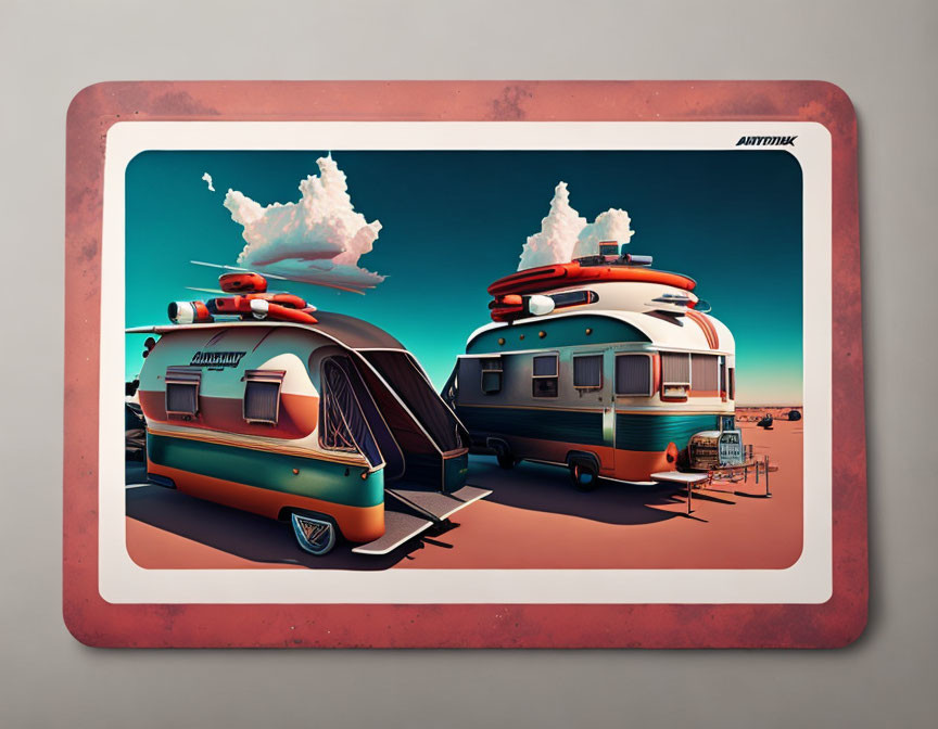 Classic Retro-Futuristic Caravans in Vibrant Desert Scene