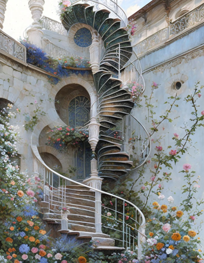 Intricate iron spiral staircase with floral surroundings in classical architecture