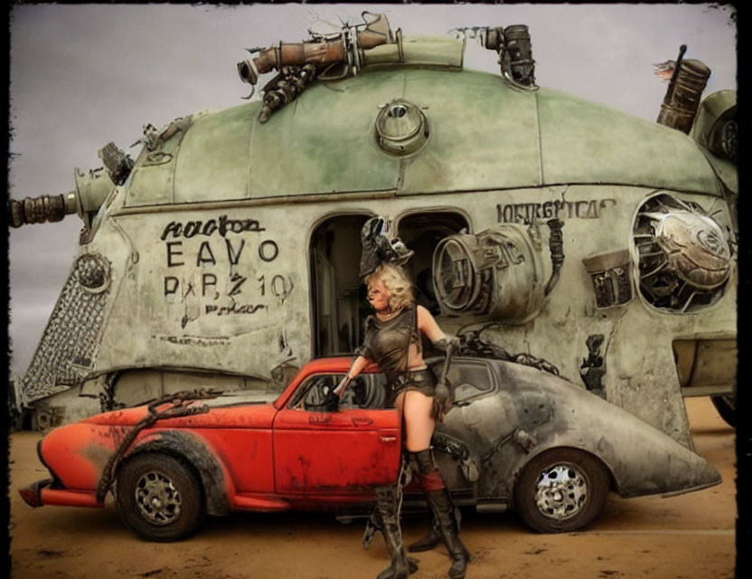 Post-apocalyptic woman with modified red car in desert setting