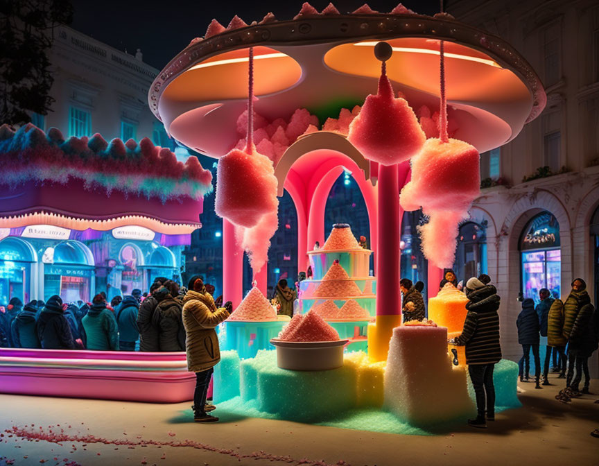 Vibrant Candy-themed Winter Installation in Cityscape