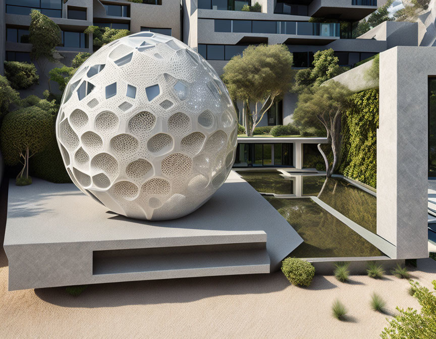 Large White Spherical Sculpture with Honeycomb Pattern Near Modern Building and Reflective Pool