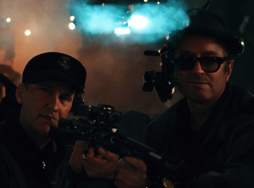 Two Men in Dark Clothing and Hats Aiming Rifle in Dimly Lit Setting