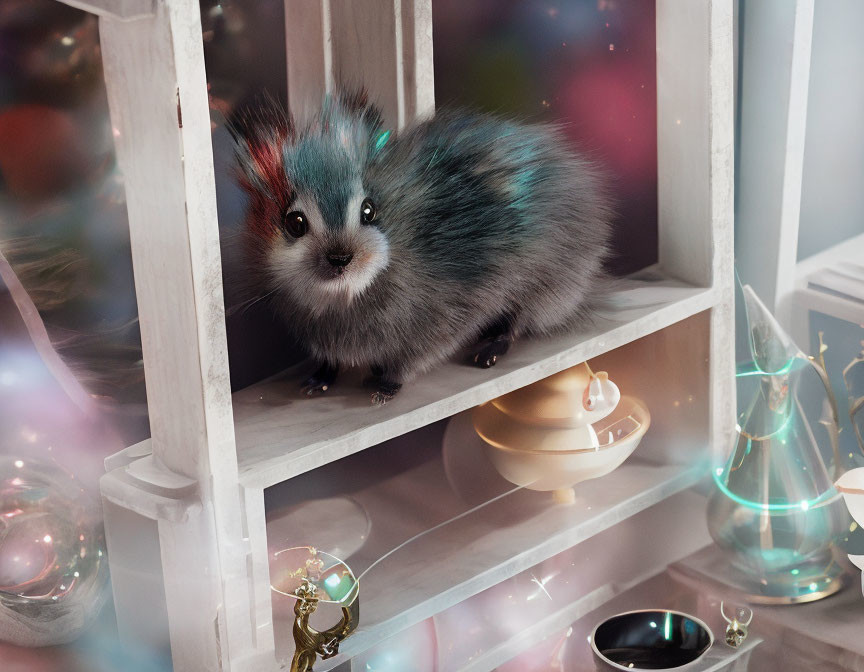 Blue furry fantasy creature on white shelf with whimsical decor and soft lights