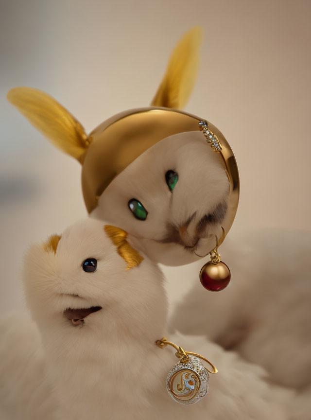 Whimsical creature with rabbit body and cat face wearing gold hat and pendant.