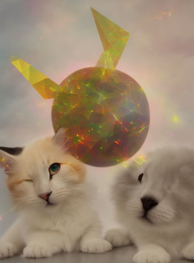 Fluffy white cats with floating polygonal orb in whimsical sky