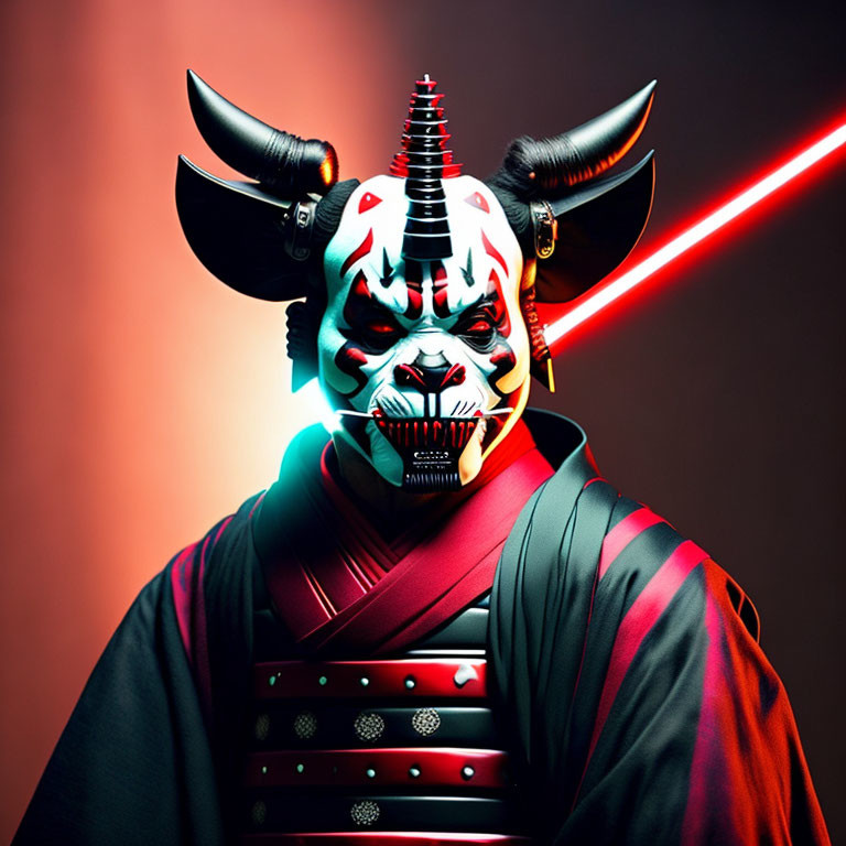 Elaborate Samurai Costume with Demon Mask and Red Laser Beam