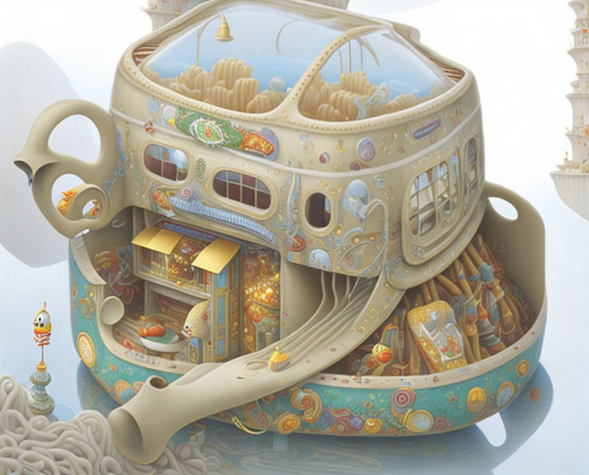 Surreal illustration of teapot-shaped building with whimsical creatures