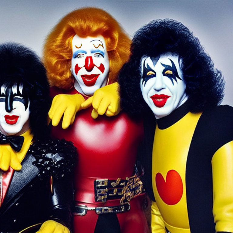 Three individuals in clown-like makeup posing against a dark backdrop