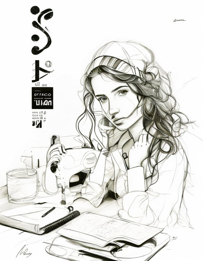 Detailed pencil sketch of contemplative young woman with headphones at desk.