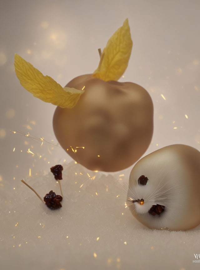 Whimsical gold-leafed fruit-like objects on soft glowing background