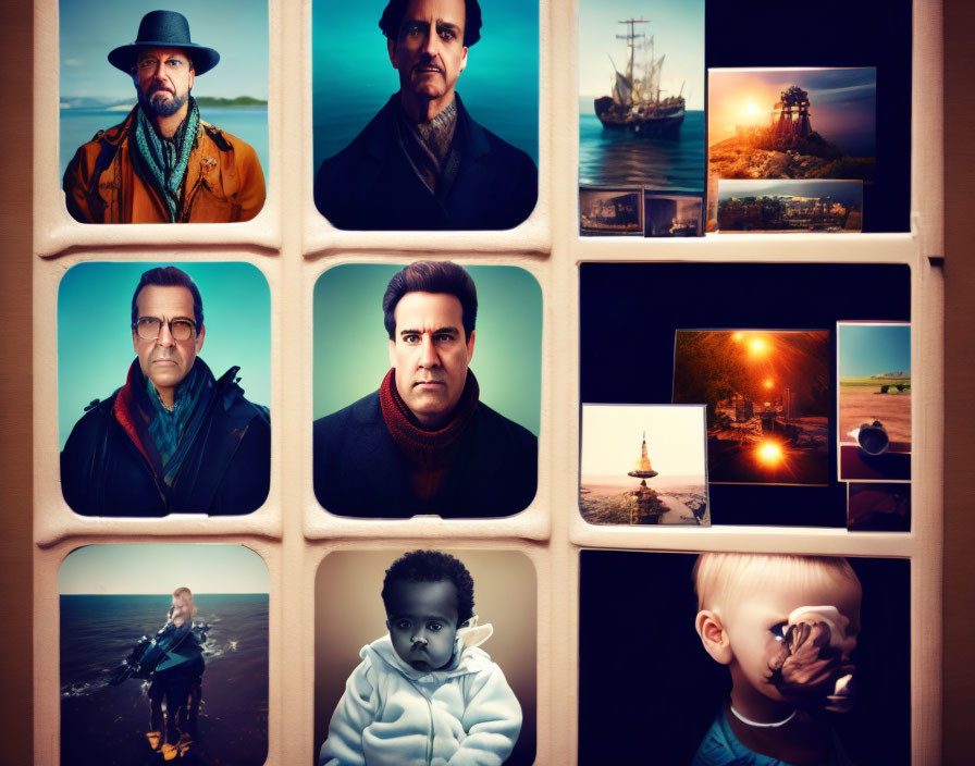 Assorted Collage: Men, Landscapes, Child, Ship