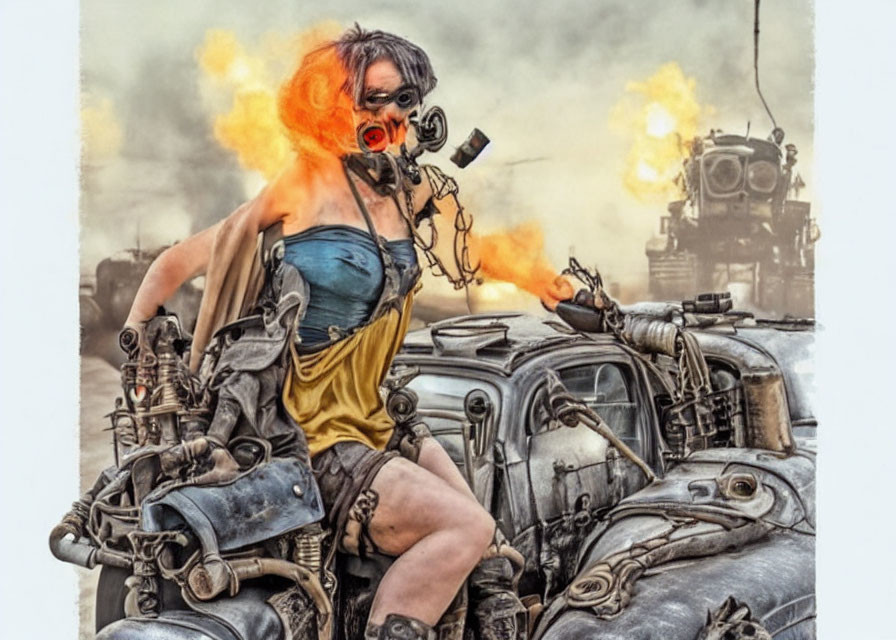 Person in gas mask atop vehicle in apocalyptic setting with explosions.