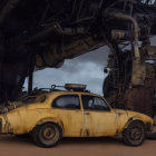 Dystopian scene with masked person near yellow car and menacing vehicles