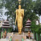 Golden Buddha statue in serene temple courtyard surrounded by greenery