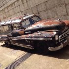 Vintage Customized Car with Maroon Paint Job and Graffiti Wall Art