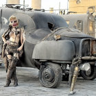 Red-haired person in post-apocalyptic attire next to modified vintage car in industrial setting