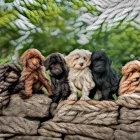 Six adorable brown and black fur puppies on rope bed with green plant and grey wall