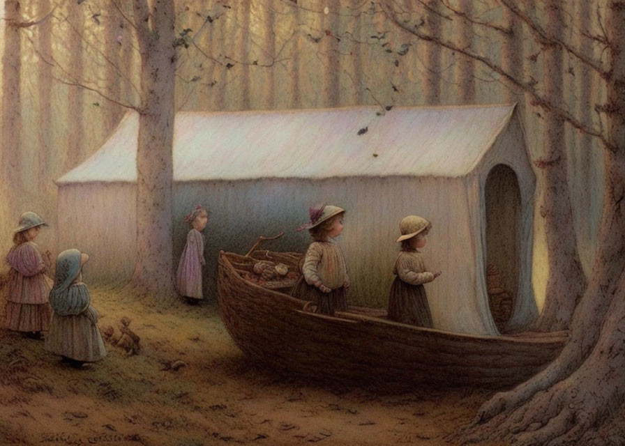Children playing in forest with boat and tent illustration