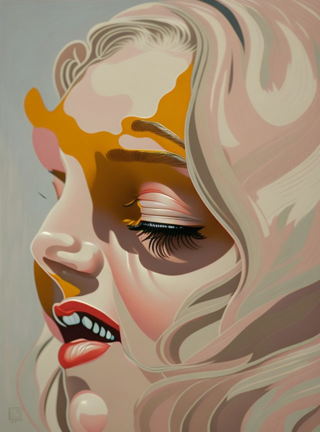 Stylized woman with golden liquid shapes, lashes, and red lips in soft palette