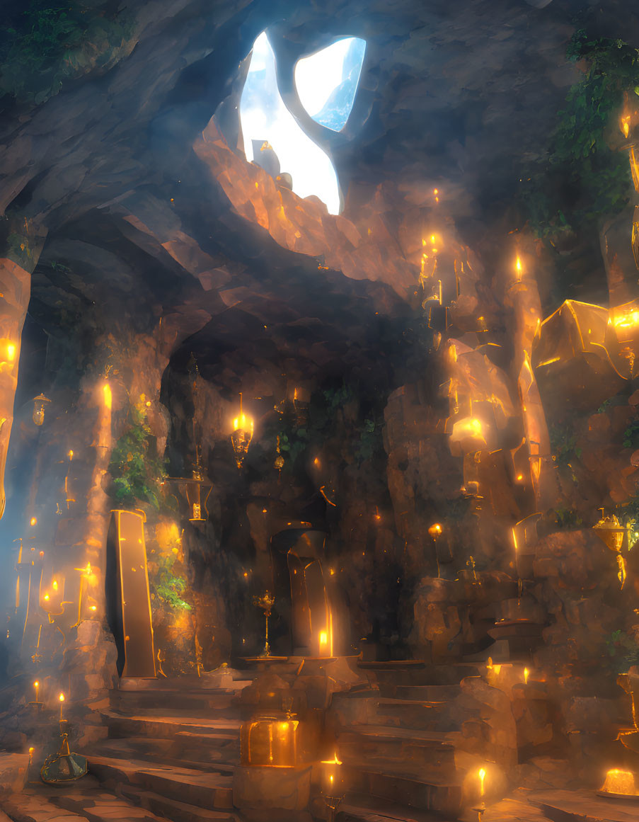 Ethereal subterranean chamber with candlelight, stone pillars, glowing symbols, and skyl