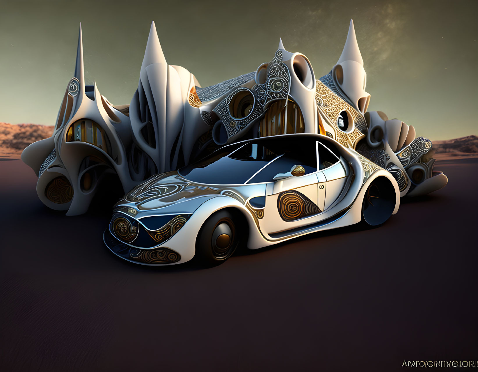 Futuristic white car parked in front of stylized organic buildings