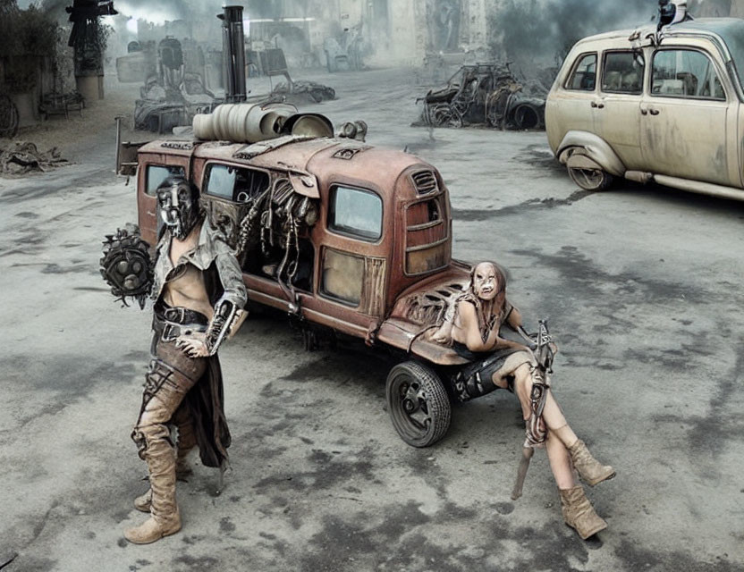 Desolate post-apocalyptic scene with two figures in makeshift armor among ruined vehicles