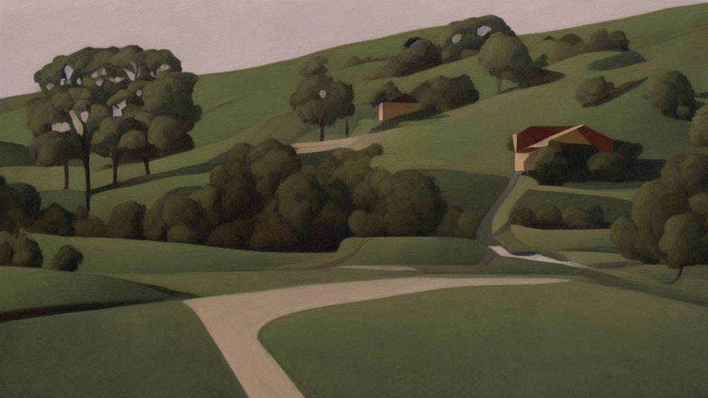 Tranquil landscape with rolling hills, trees, red-roofed house, and winding paths
