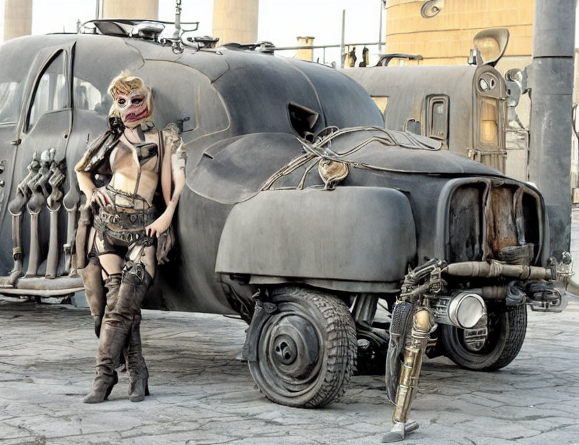 Post-apocalyptic figure with futuristic vehicle in desolate setting