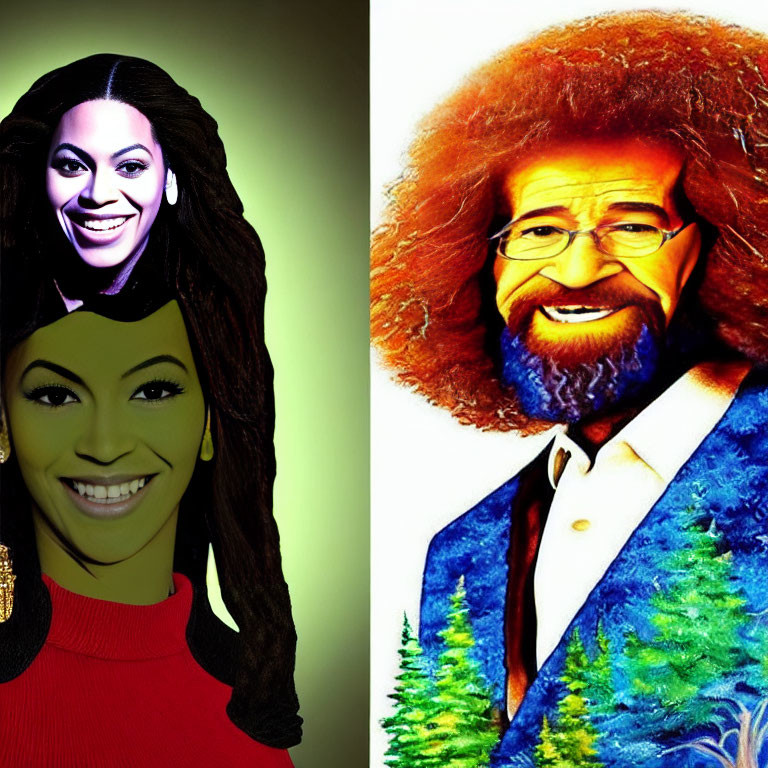 Split-image of stylized woman and caricature man with wide smile and curly hair.