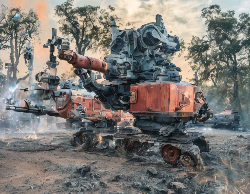 Futuristic robot with heavy armor in battle-scarred landscape
