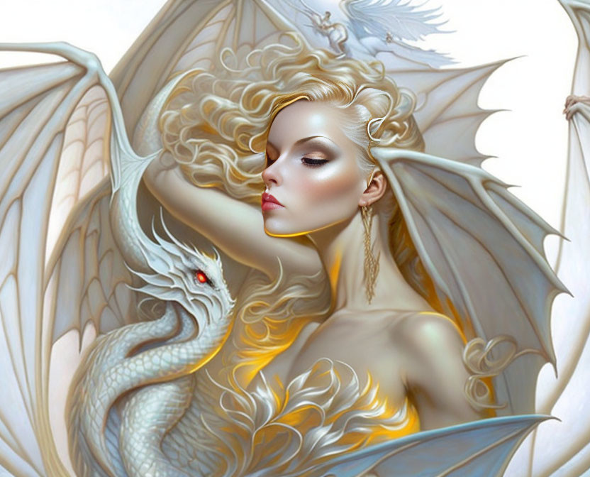 Fantasy illustration of woman with dragon-like wings and small dragon with white and gold coloration