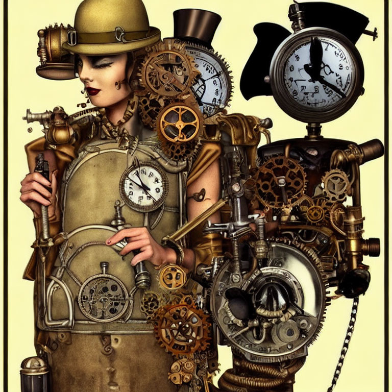 Steampunk Artwork with Person Adorned in Gears and Clocks