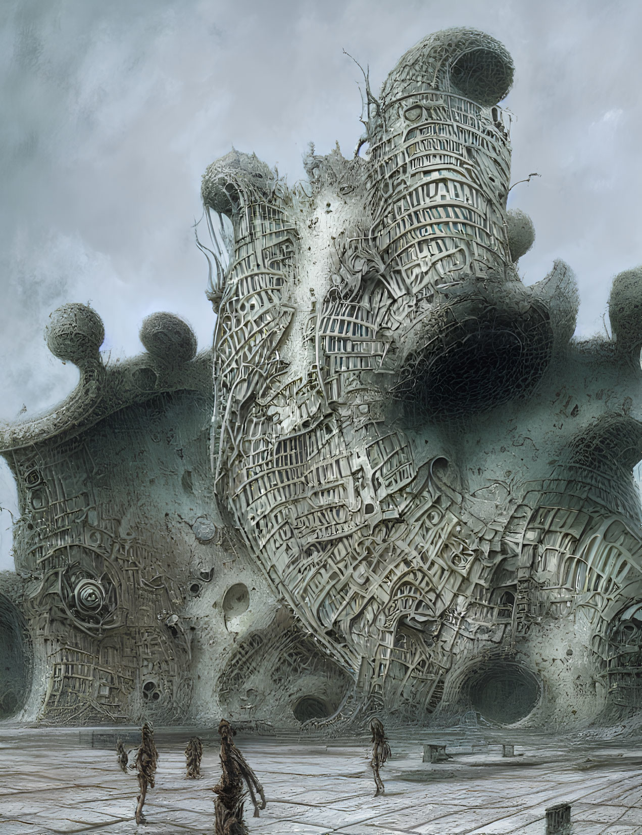 Surreal dystopian landscape with towering structures and wandering figures