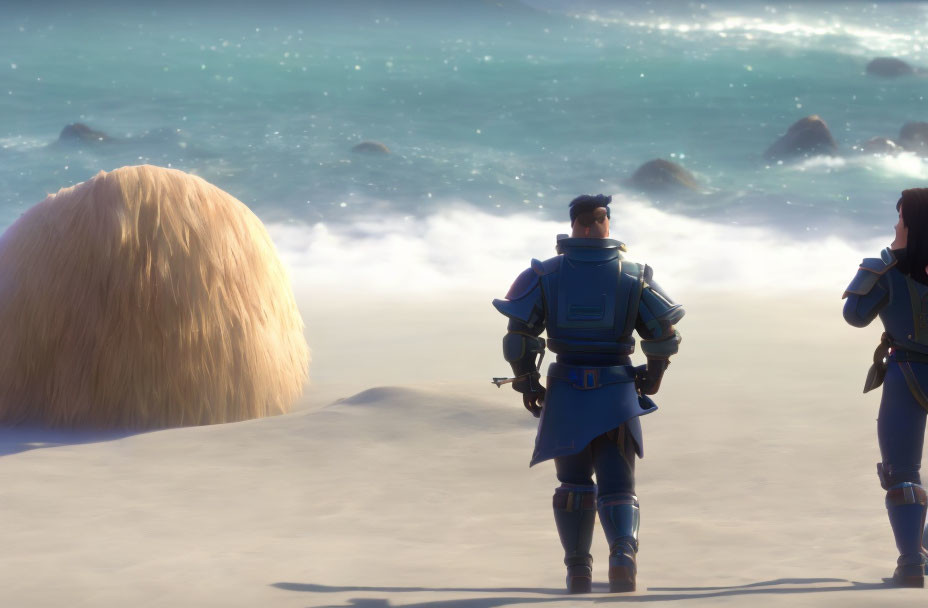Blue Outfitted Animated Characters on Sandy Beach with Rocks and Waves